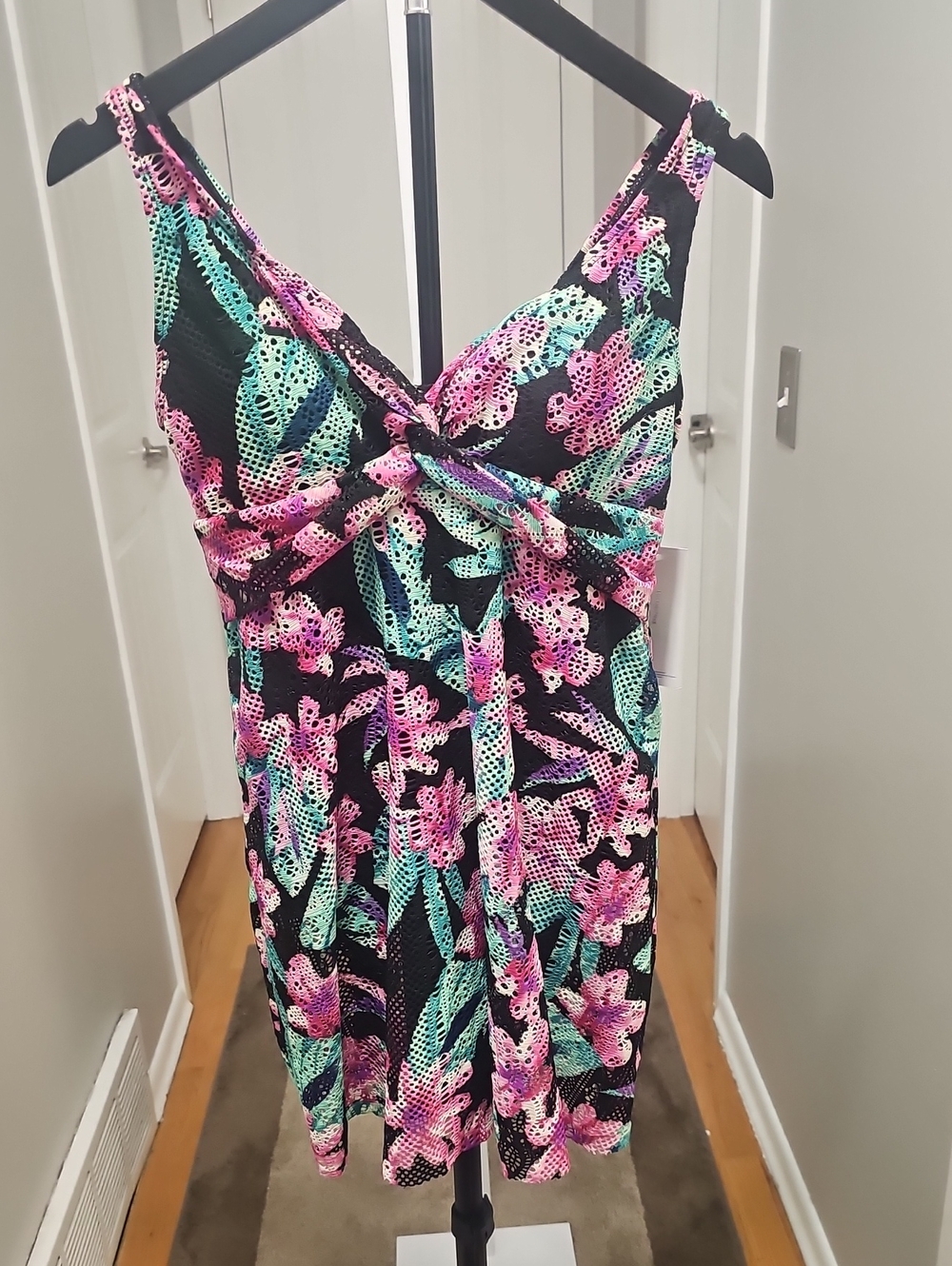Black Floral Twist-Front 1 Piece Lined Swim Dress with Pink & Teal Accents